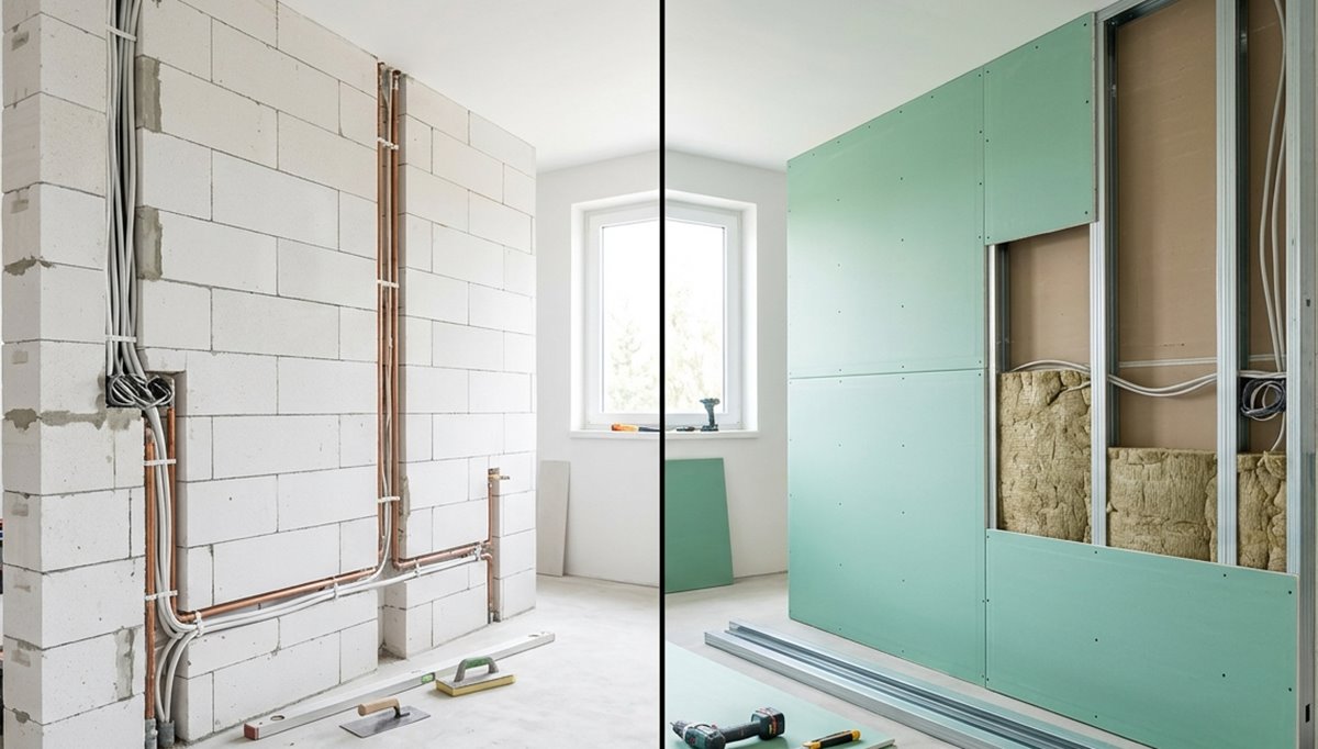 Srovnání konstrukce bytového jádra. Levá polovina ukazuje zděnou stěnu z tvárnic s rozvody, pravá polovina ukazuje sádrokartonovou konstrukci s izolací.