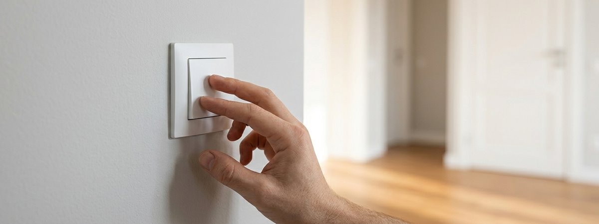 Detail dokončovacích prací při rekonstrukci bytu – instalace moderního bílého vypínače na vymalovanou stěnu