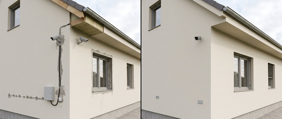 Srovnání zpackané fasády domu s dodatečně vysekanými kabely a neplánovanými boxy rolet versus perfektně čistá fasáda s integrovanými přípravami.